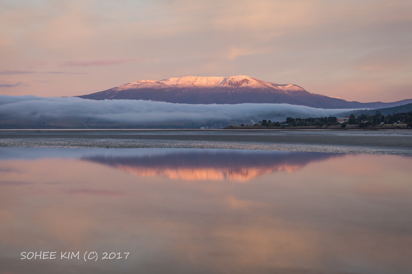 Softly-lit Derwent river in the foreground with a thick blanket of fog and Mt Wellington rising above it.
